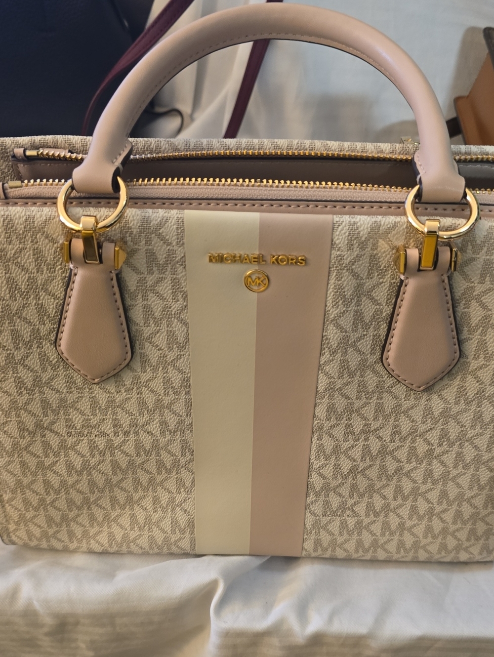 Michael Kors Cream and Pink Stripe Satchel